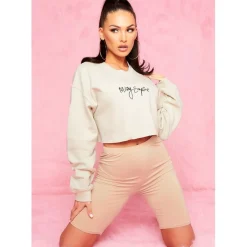 Missy Empire Empire Branded Slogan Cropped Sweater in Beige