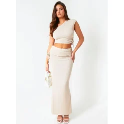 Missy Empire Fold Maxi Skirt in Beige
