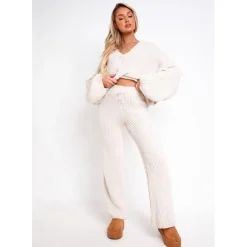 Missy Empire Grey Chunky Knit Cardigan And Trouser Set in Beige