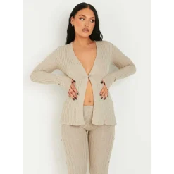 Missy Empire Knit Button Up Cardigan in Beige