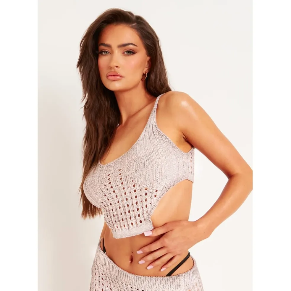 Missy Empire Knit Crochet Top in Silver