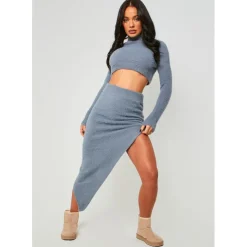 Missy Empire Knit Side Split Midi Skirt in Grey