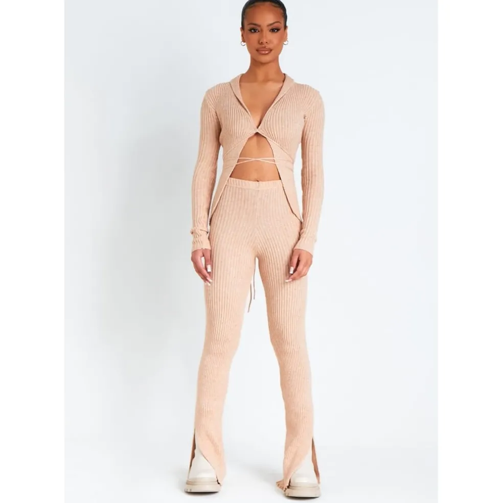 Missy Empire Knitted Tie Cardigan in Beige