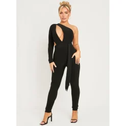 Missy Empire Layer Slinky Cut Out One Shoulder Jumpsuit in Black