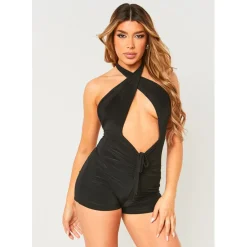 Missy Empire Layer Slinky Cross Over Cut Out Playsuit in Black