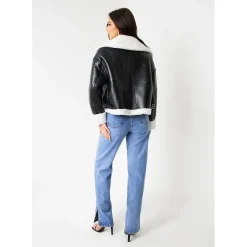 Missy Empire Leather Aviator Jacket With Faux Fur Trim in Black