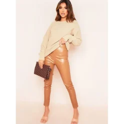 Missy Empire Leather Pu Seamed Trousers in Brown