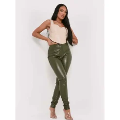 Missy Empire Leather Pu Skinny Trousers in Green