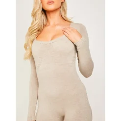 Missy Empire Long Sleeve Jumpsuit in Beige