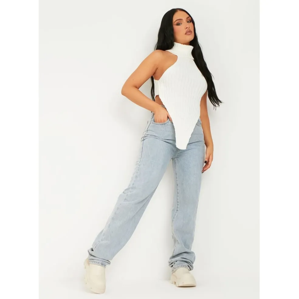 Missy Empire Neck Knitted Drop Front Top in Cream