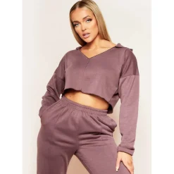 Missy Empire Neck Seam Detail Cropped Hoodie in Brown