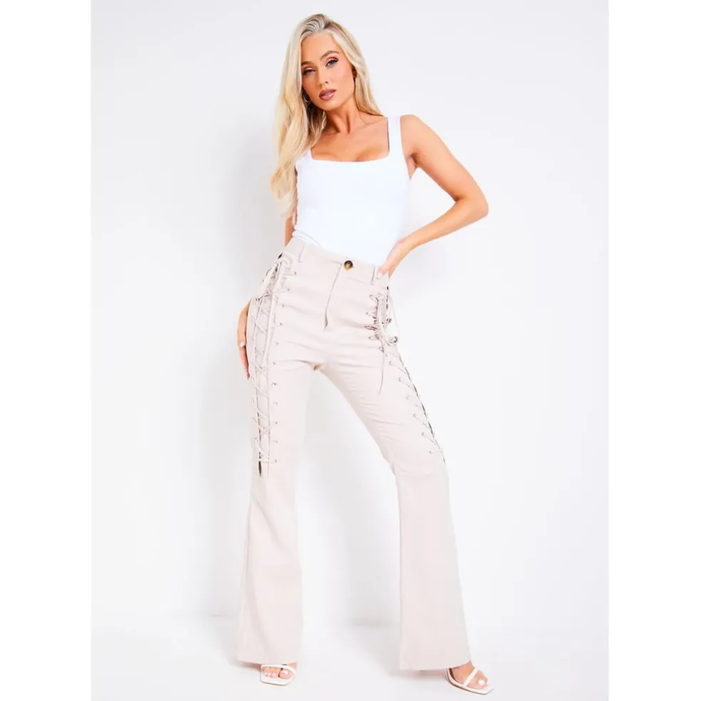 Missy Empire Out Lace Up Flared Trouser in Beige