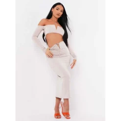 Missy Empire Out Strap Midi Skirt in Beige