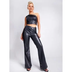 Missy Empire Over Faux Leather Flare Trouser in Black