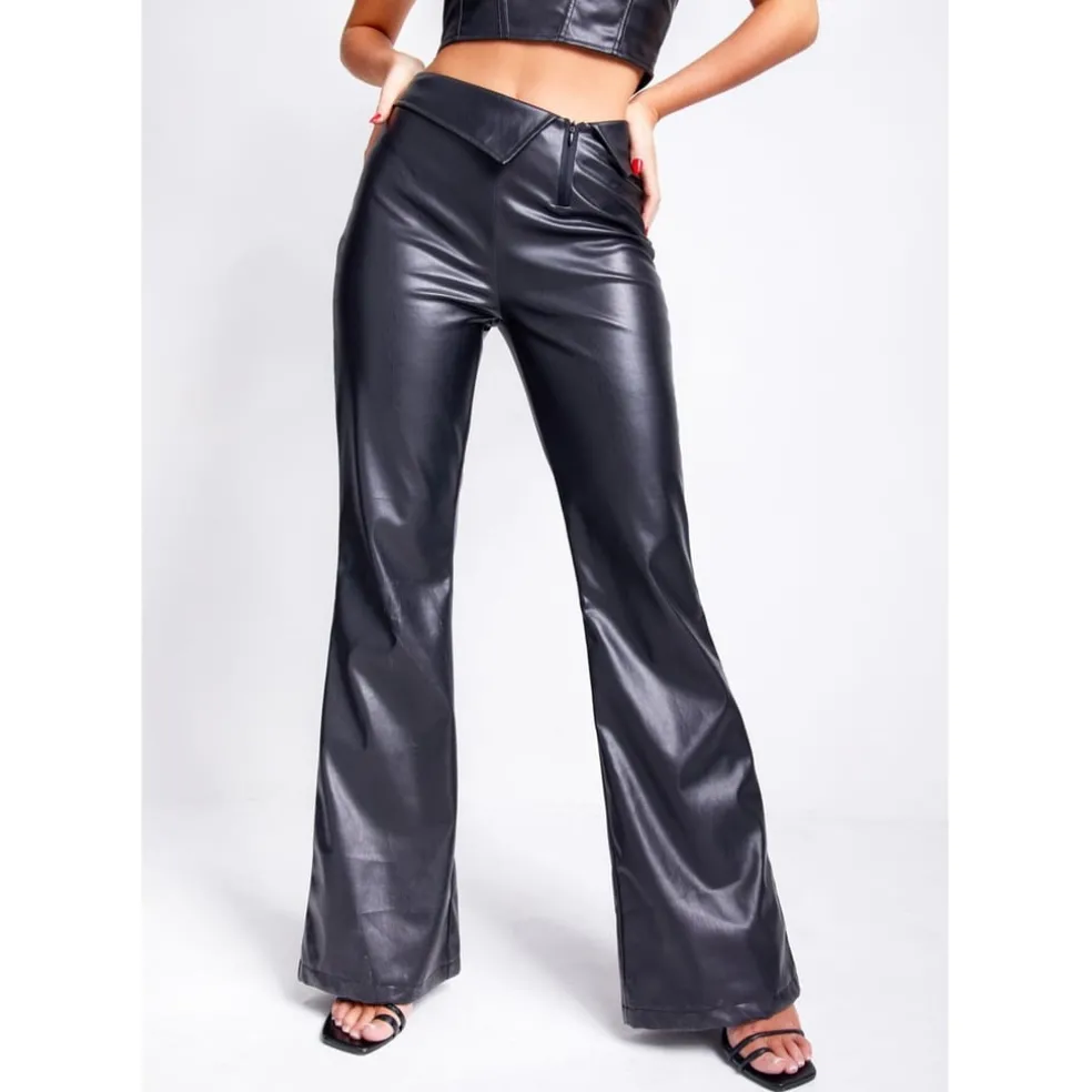 Missy Empire Over Faux Leather Flare Trouser in Black
