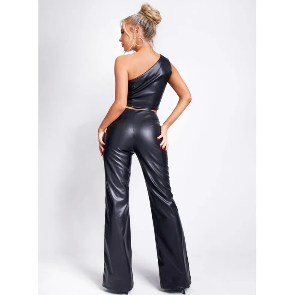 Missy Empire Over Faux Leather Flare Trouser in Black