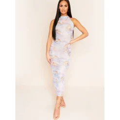 Missy Empire Print High Neck Racer Mesh Maxi Dress in Blue