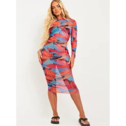 Missy Empire Print Ruched Mesh Midi Dress in Blue