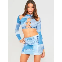 Missy Empire Print Slinky Micro Mini Skirt in Blue