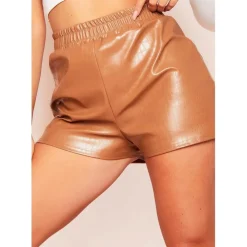 Missy Empire Print Vegan Leather Shorts in Brown