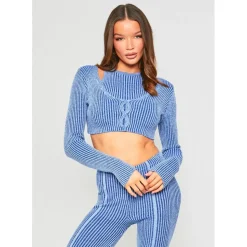 Missy Empire Rib Knit Button Up Cardigan in Blue