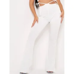 Missy Empire Side Strap Detail Cut Out Flared Trousers in White