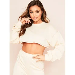 Missy Empire Stitch Cropped Sweatshirt in Cream