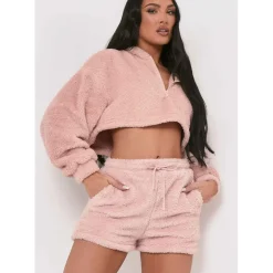 Missy Empire Teddy Borg Cropped Zip Up Hoodie in Pink