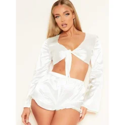 Missy Empire Tie Front Long Sleeve Pyjama Crop Top in White