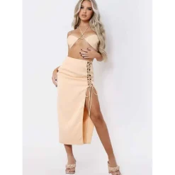 Missy Empire Up Split Midi Skirt in Beige