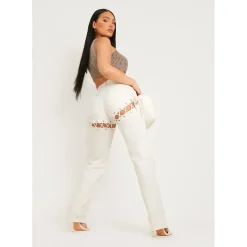 Missy Empire Up Straight Leg Trousers in Beige