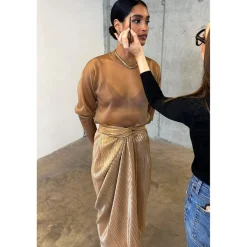 Never Fully Dressed Plisse Jaspre Skirt in Gold