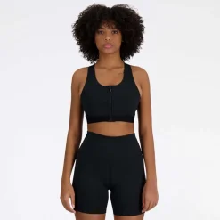 New Balance Sleek Medium Support Pocket Zip Front Sports Bra in Black