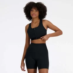 New Balance Sleek Medium Support Pocket Zip Front Sports Bra in Black