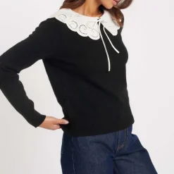 Nobodys Child Broderie Anglaise Collar Sweater in Black