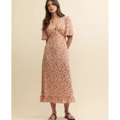 Nobodys Child Dalia V-Neck Midi Dress in Cream