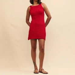 Nobodys Child Mock Crochet Mini Dress in Red