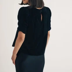 Nobodys Child Velvet Gathered Sleeve Top in Black