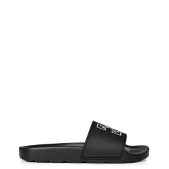 Off White Arrow Logo Print Flat Heel Slides in Black