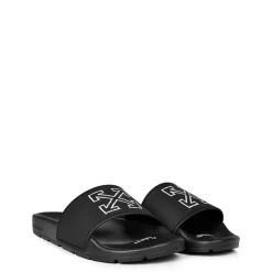 Off White Arrow Logo Print Flat Heel Slides in Black
