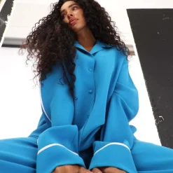 Off White Cady Long Sleeve Pyjama Shirt in Blue-White