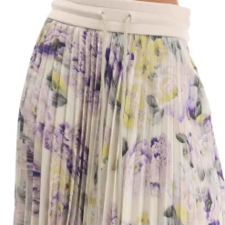 Off White Chine Satin Plisse Skirt in Green