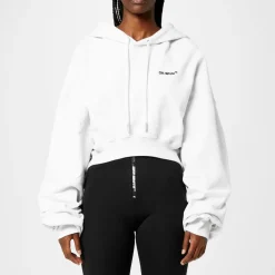 Off White Cropped Hooded Relaxed Fit Sweatshirt in White