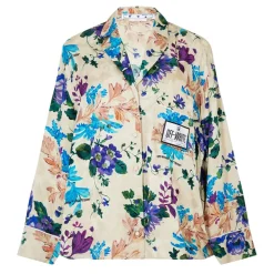 Off White Floral Pyjama Shirt in Beige