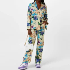 Off White Floral Pyjama Shirt in Beige