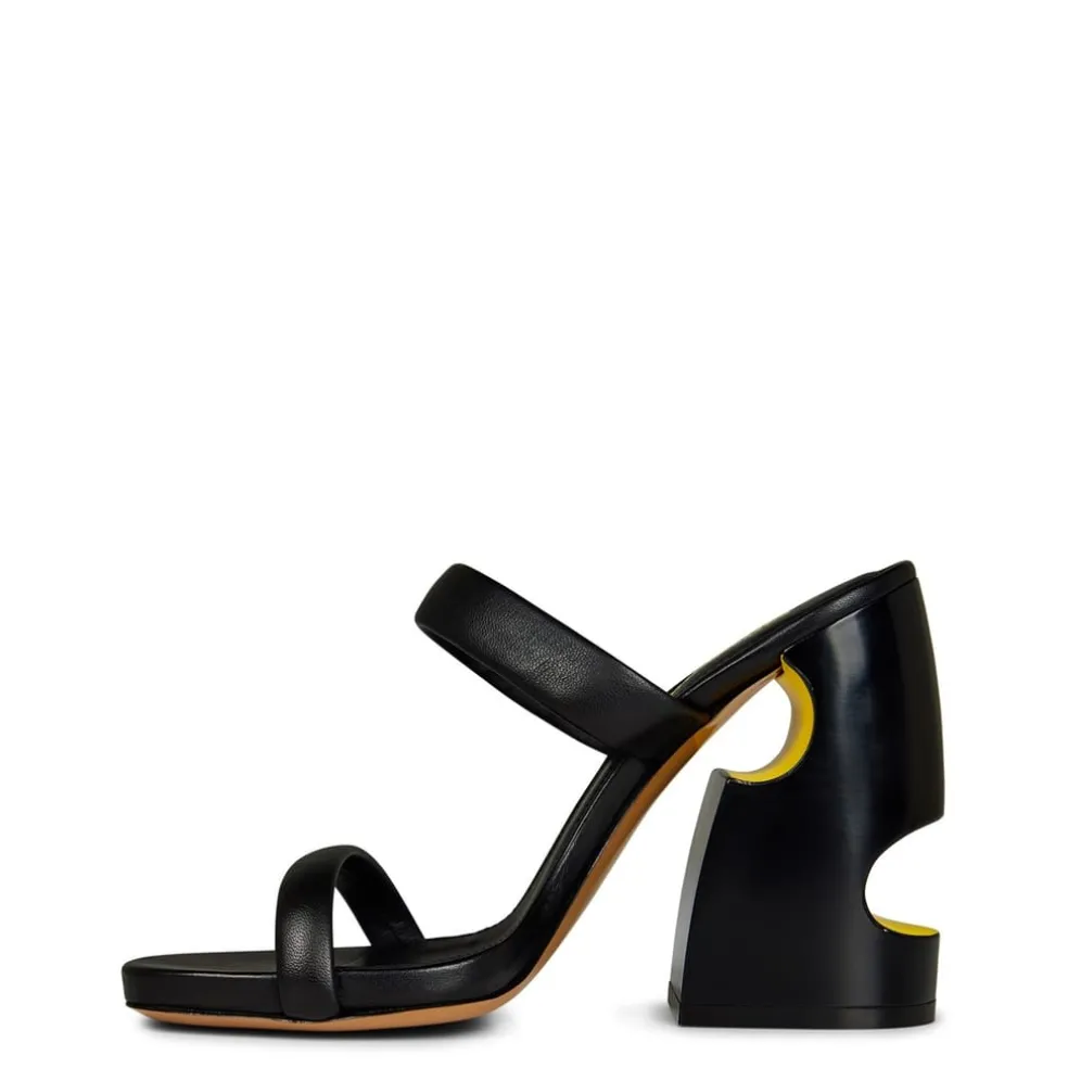 Off White High Heel Block Mules Slides in Black