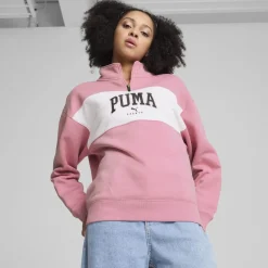 Puma Zip Neck Relaxed Fit Long Sleeve Sweatshirt in Pink