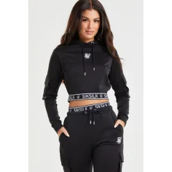 SikSilk Cropped Cargo Hoodie in Black