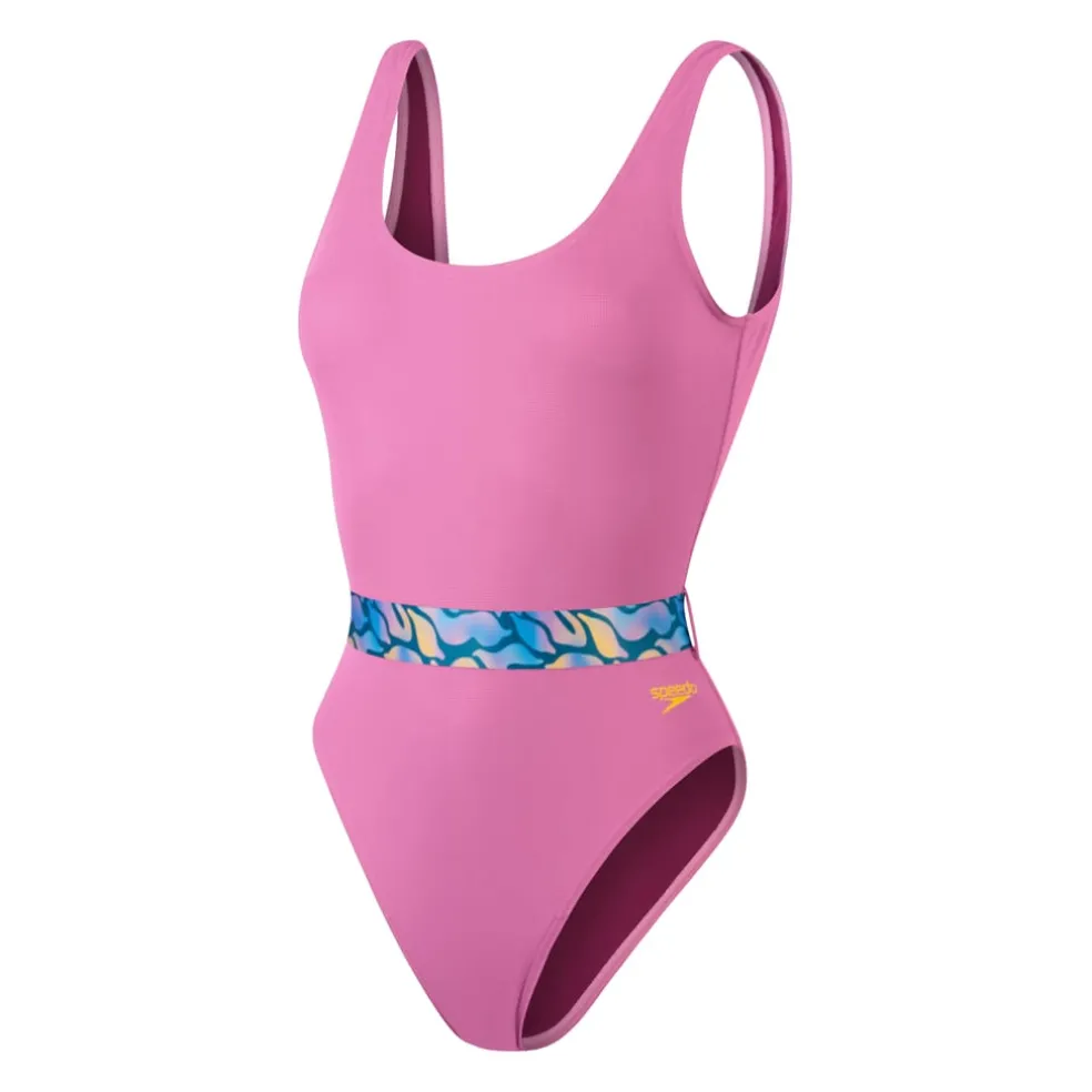 Speedo Belted Deep U-Back 1 Piece Swimsuit in Pink