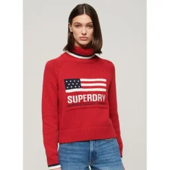 Superdry USA Flag Turtleneck Relaxed Sweater in Red